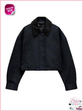 Women's Cropped Zip Up Corduroy Collar Jacket with Pockets